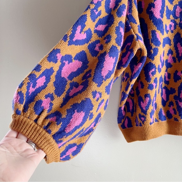 *SOLD* Farm Rio Leopard Pop Caramel Sweater Balloon Sleeves Wool Blend, Medium - Picture 8 of 15
